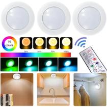 Kit 3 Lâmpada Controle Remoto Led Spot Sem Fio RGB Coloridas Multicolor Com Adesivos Lúminaria