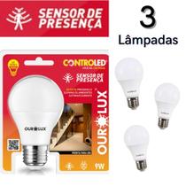 Kit 3 Lâmpada Led Sensor de Presença Movimento Inteligente Branco Frio 6.500K 9W - Ourolux Kit 3 Lâmpada Led Sensor de Presença Movimento Inteligente Branco Frio 6.500K 9W - Ourolux