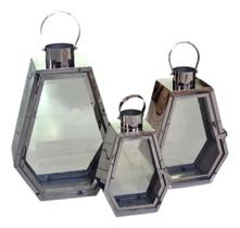 Kit 3 Lanternas Marroquina Aço Inox Prata Vidro 44x30 Kit 3 Lanternas Marroquina Aço Inox Prata Vidro 44x30