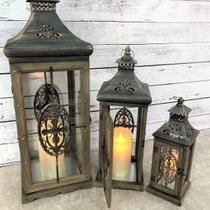 kit 3 Lanternas Marroquinas Madeira Design Cúpula C/ Velas