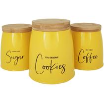 Kit 3 Latas Coffee Sugar e Cookies Sunshine Yoi Potes para Biscoitos Açúcar e Café em Aço e Bambu Mostarda
