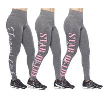 Kit 3 legging adulto feminina fitness academia cós alto escrita lateral básica