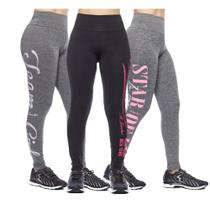 Kit 3 legging adulto feminina fitness academia cós alto escrita lateral básica