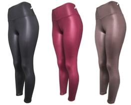 Kit 3 Legging Cirre Cintura Alta Brilho Molhado Imita Couro Lycra PRETO-PRETO-MARROM P