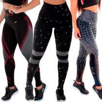 Kit 3 leggings sublimadas fitness cintura alta
