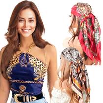 Kit 3 Lenço Cetim Grande Estampas Sortidas - Camponesa Bandana Cabelo Cropped Echarpe Bbb Famosos