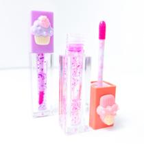 Kit 3 lip gloss brilho com hidratante labial glitter detalhe bolinho maquiagem infantil