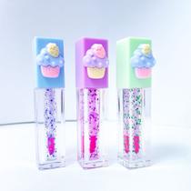 Kit 3 lip gloss feminino hidratante para os lábios glitter detalhe bolinho tendência
