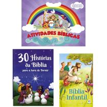 Kit 3 Livros Atividades bíblicas Arca de Noé + 30 Histórias da Bíblia Para a Hora de Dormir + Bíblia Infantil