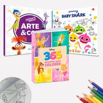 Kit 3 Livros Para Pintar Colorir Desenhar Disney Princesas Divertidamente e BabyShark Diversão 365 Desenhos