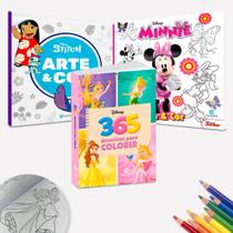 Kit 3 Livros Para Pintar Colorir Desenhar Disney Princesas Lilo & Stitch e Minnie Mouse Diversão 365 Desenhos