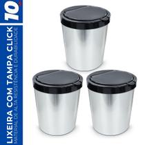 Kit 3 Lixeira Cesto 10 Litros c/ Tampa Click Inox Escritório Kit 3 Lixeira Cesto 10 Litros c/ Tampa Click Inox Escritório
