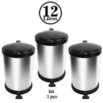 Kit 3 Lixeiras 12l em Metal Cozinha Banheiros Preta Branca ou Cor Inox - Falke Lixeiras