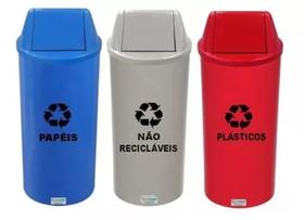 Kit 3 Lixeiras Coleta Seletiva Plástico Tvv Red 22L AZUL CINZA VERMELHO
