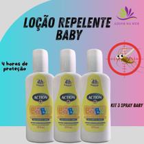 KIt 3 Loção Repelente de Isento Baby Action , até 4 hrs de Proteção .