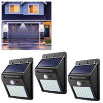 Kit 3 Luminária Arandela Led Solar 6W Com Sensor Presença Movimento Para Paredes Muros Jardim Quintal Corredor Garagem