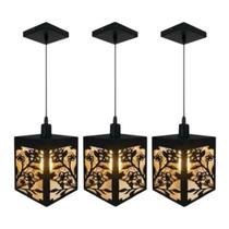Kit 3 Luminaria Lustre Pendente De Teto Flores Mdf 3mm 15x12 Preto Kit 3 Luminaria Lustre Pendente De Teto Flores Mdf 3mm 15x12 Preto