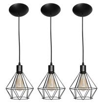 Kit 3 Luminária Pendente Aramado Diamante Preto Cabo Preto