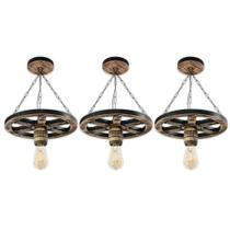 Kit 3 Luminária Pendente Lustre Roda de Carroça em Madeira Maciça 33cm Rústico Colonial Vintage Retrô