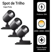 Kit 3 Luminária Preto Trilho Spot Led 20W 3500K Branco Quente