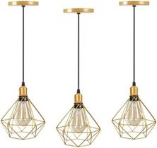 Kit 3 Luminárias de Teto Modelo Diamante Dourado Com Fio Preto