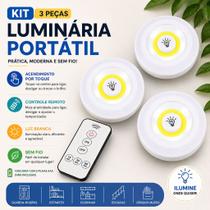 Kit 3 Luminárias LED Portáteis Sem Fio com Controle Remoto Luz Branca 200 Lumens para Armário Cozinha Guarda Roupa