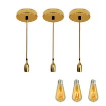 Kit 3 Luminárias Pendente de Metal Copo Dourado + 3 Lâmpadas LED Filamento Retrô Vintage