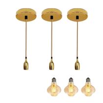 Kit 3 Luminárias Pendente de Metal Copo Dourado + 3 Lâmpadas LED Filamento Retrô Vintage