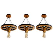 Kit 3 Luminárias Pendente Lustre Roda de Carroça em Madeira Maciça 33cm Rústico Colonial Vintage Retrô