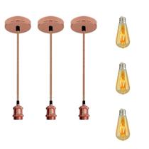 Kit 3 Luminárias Pendente Metal Rose Gold Dourado Rosa + Lâmpadas LED Filamento Vintage Retrô