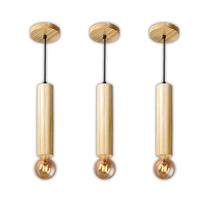 Kit 3 Luminárias Pendentes Cilindro Tubo de Madeira Maciça 1 Metro E27 Lustre Cor Natural Moderno Ideal para Bancadas Mesas Áreas de Festa Gourmet