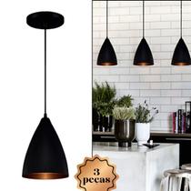 Kit 3 Luminárias Pendentes De Teto Para Sala Cozinha Balcão Alumínio Preto 110V/220V Kit 3 Luminárias Pendentes De Teto Para Sala Cozinha Balcão Alumínio Preto 110V/220V