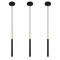 Kit 3 Luminárias Teto Tubo Pendente Cama Preto Dourado 40Cm