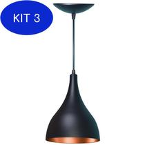 Kit 3 Lustre Pendente Balcão Cozinha Americana Preta Fosca e