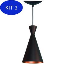 Kit 3 Lustre Pendente Balcão Cozinha Americana Preto Fosco E