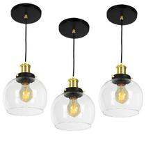 kit 3 Lustre Pendente Château Bola Media Vidro Preto c/Gold