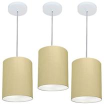 Kit/3 Lustre Pendente Cilíndrico Md-4012 Cúpula em Tecido 18x25cm Algodão Crú - Bivolt