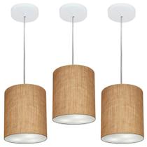 Kit/3 Lustre Pendente Cilíndrico Md-4012 Cúpula em Tecido 18x25cm Palha - Bivolt