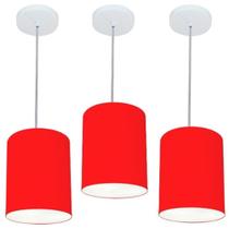 Kit/3 Lustre Pendente Cilíndrico Md-4012 Cúpula em Tecido 18x25cm Vermelho - Bivolt