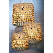 Kit 3 Lustre Rustico Pendente Luminária Teto Taboa Fibra Natural Tamanhos P M G