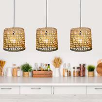 Kit 3 Lustre Rustico Pendente Luminária Teto Taboa Fibra Natural Tamanhos P M G