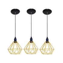 Kit 3 Lustres Aramado Retrô Diamante 18X18Cm Amarelo Md8003