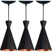 Kit 3 Lustres Cone Preto Fosco e Cobre