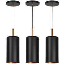 Kit 3 Lustres Pendente Bilboquê Cilindrico Preto com Cobre