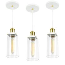 Kit 3 Lustres Pendente Château Cilindrico Vidro Branco Gold