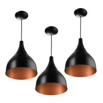 Kit 3 Lustres Pendente Gota Pequena 21cm Preto com Cobre Kit 3 Lustres Pendente Gota Pequena 21cm Preto com Cobre