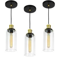 Kit 3 Lustres Pendentes Château Cilindrico Vidro Preto Gold Kit 3 Lustres Pendentes Château Cilindrico Vidro Preto Gold