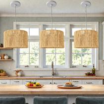 Kit 3 Lustres Pendentes de Teto de Sisal Natural 30cm Iluminação Artesanal Rústica para Sala e Cozinha