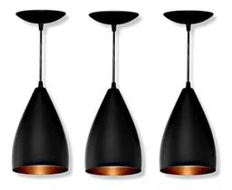 Kit 3 Lustres Pendentes Modelo Vegas Luxo Preto Com Cobre