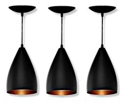 Kit 3 Lustres Pendentes Modelo Vegas Luxo Preto Com Cobre